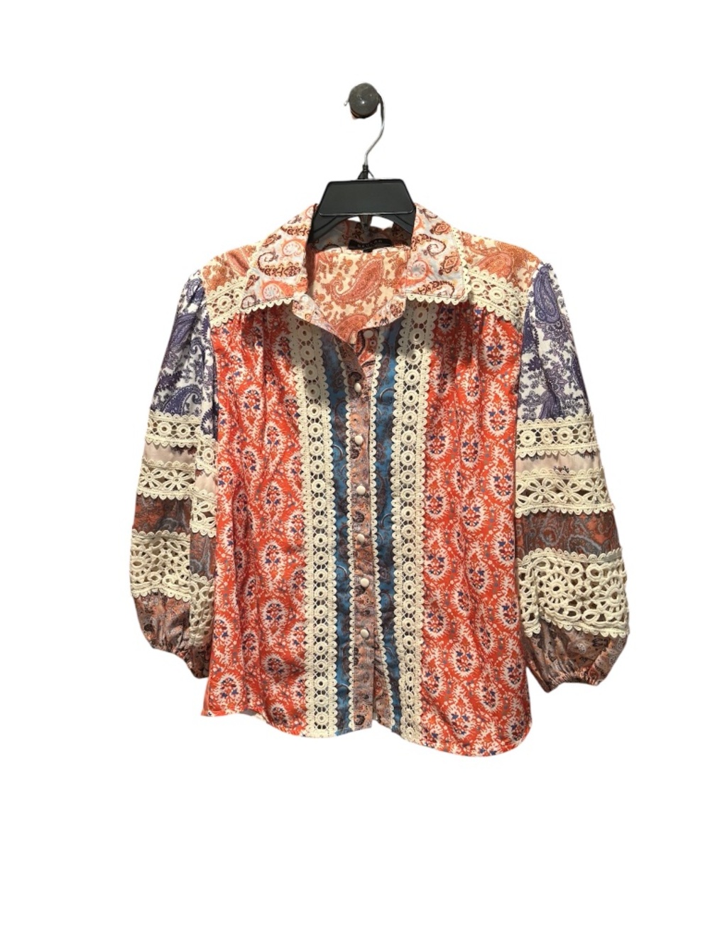 Beulah Style Women's Mixed Print And Lace Blouse Medium Boho